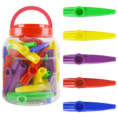 A-Star Plastic Multi Colored Kazoos - Paquete de 40 piezas - En tina de plástico con asa de transporte