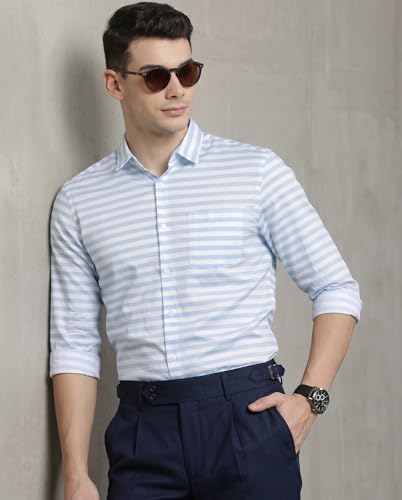 Image of IndoPrimo Men's Striped Casual Shirt | Premium Cotton Formal Shirt for Man | Slim Fit Full Sleeve Strip with Pocket | Office, Business & Smart Casual Wear
