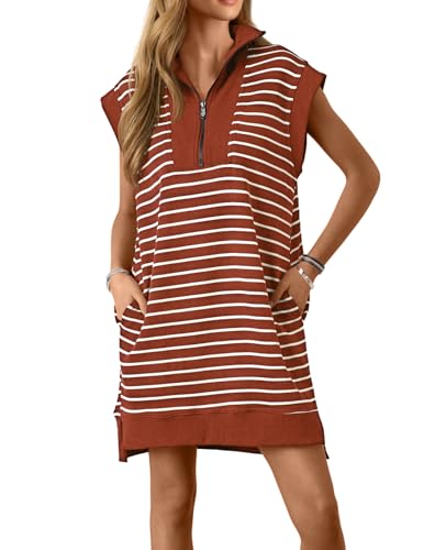 Image of Wenrine Womens Striped Mini Dress Casual Zipper Cap Sleeve Collared V Neck Loose Knit Summer Dresses