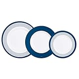Vajilla compuesta por 18 piezas. 6 platos llanos: diámetro: 26cm, alto: 2cm, 6 platos hondos: diámetro: 22cm, alto: 3cm, 6 platos de postre: diámetro: 19cm, alto: 2cm