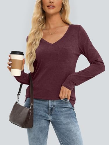 Image of AUTOMET Womens Long Sleeve Shirts V Neck Casual Tops with Pockets Loose Dressy Basic Fall Outfits Clothes Winter Trendy 2025