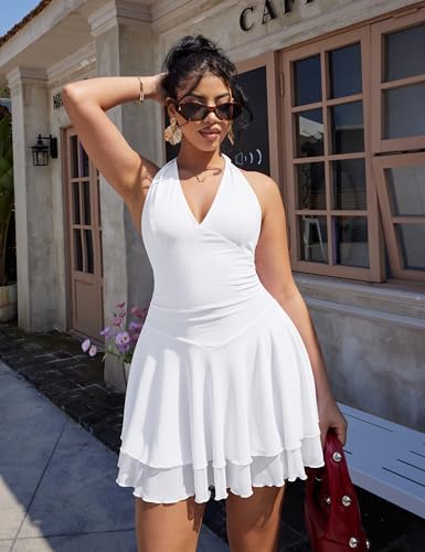 Image of GOKATOSAU Women's Sleeveless Halter V Neck Ruched Waist Mesh Tiered Ruffle Hem Mini Dress