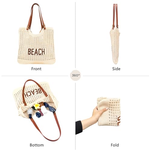 Bolso tejido de playa para mujer crema y marrón claro miniatura 4