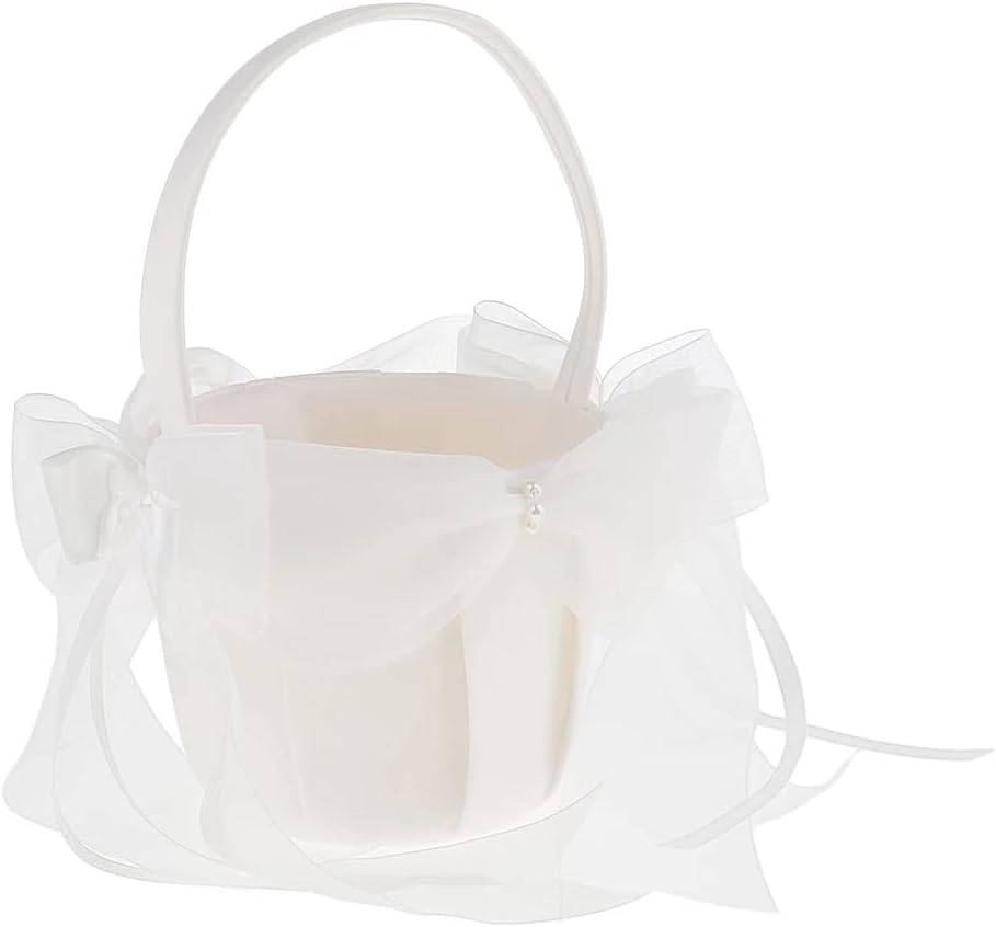 JSEIAJB Wedding Flower Basket Beige Satin Flower Girl Basket Large Tulle Bow Wedding Party Supplies