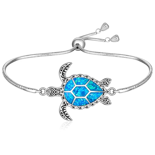 Fenthring Sea Turtle Bracelet for Women Blue Opal Turtle Bracelet Sterling Silver Adjustable Ocean Hawaiian Beach Turtles Jewelry Birthday Christmas Gifts
