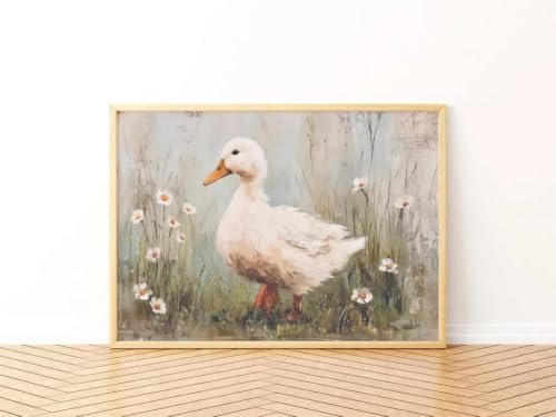 Tableau rustique canard blanc vintage format A2 pour déco murale salon champêtre