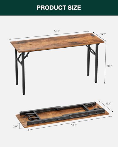 Image of Frylr Small Folding Computer Desk - 55.1 Inch Portable Table for Craft and Study, Lightweight Desk for Small Spaces, Foldable Laptop Table Built-in AC /USB Outlets for Convenience, Rustic Brown