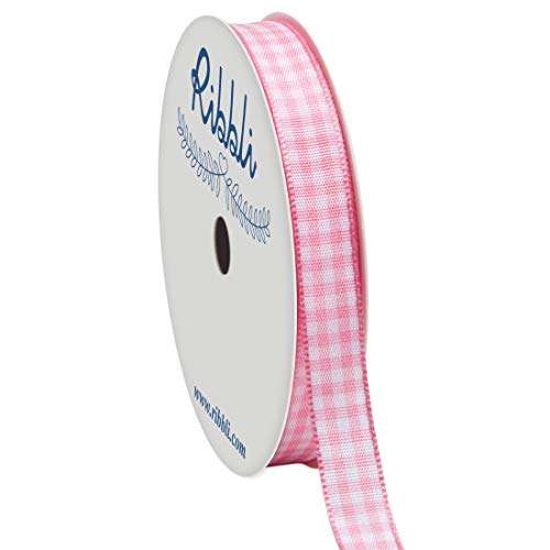 Ribbli Light Pink and White Gingham Ribbon 100% Polyester Woven Edge 3/8 Inch x 10 Yard Plaid Ribbon Use for Baby Shower Gift Wrapping Party Decoration
