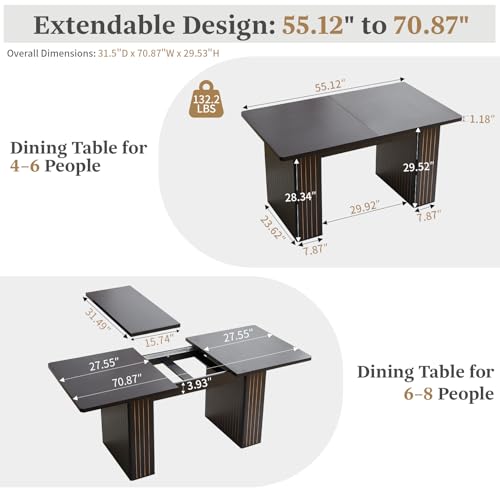 Image of 55 in-71 in Extendable Rectangular Dining Table for 4-6, Modern Farmhouse Expandable Kitchen Table with Carved Line Base, Wooden Dinner Table for Kitchen Living Room Home Office (Black)
