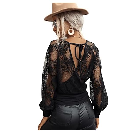 SweatyRocks Women's V Neck Tie Back Long Sleeve Blouse Floral Lace Mesh Lantern Sleeve Tops Casual Shirts for Womens Black L