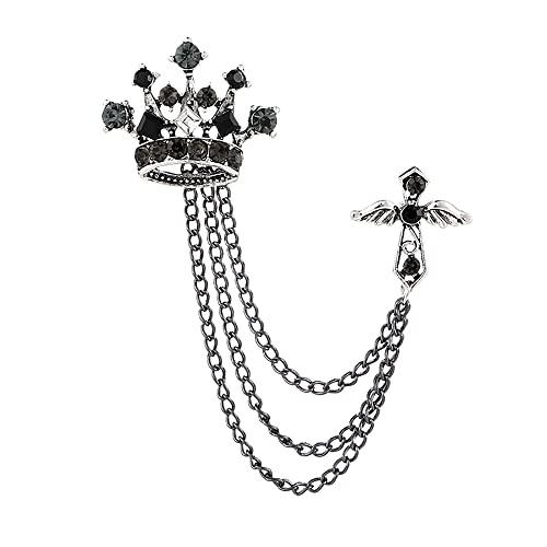 Image of Crystal Crown Cross Chain Brooch Pin,Long Chain Tassel Wing Suit Lapel Pin Rhinestone Crown Badge Pin Jewelry for Women Men Birthday Gifts
