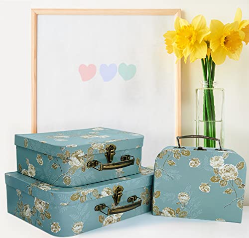 Decorative Box Set Of 3 Decorative Storage Boxes With Lids Paperboard Suitcases, Cardboard Suitcase Box Trinket Jewelry Box Memento Case Box Keepsake Box Home Decoration, Vintage Suitcases (Acid Blue Flowers) #TOP4