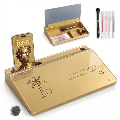 TOWON Small Compact Glass Desktop Whiteboard with Storage – 12 x 7 in Dry Erase Board for Desk, Home Office, School | Includes 5 Markers, Eraser & Holder | Space-Saving Organizer, Metallic Gold