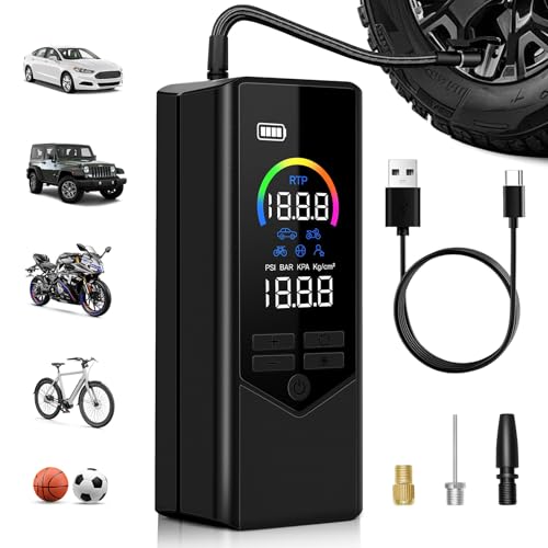 Tire Inflator Portable Air Compressor, 7500mAh Cordless Air Pump for Car Tires, Bike Pump with Color Screen Digital Pressure Gauge, 4X Faster 150PSI Tire Pump for Cars, Motorcycles, Bicycles, Balls