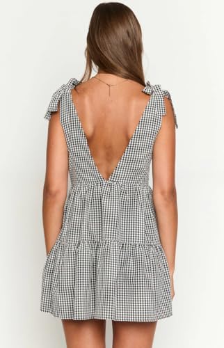 Image of utcoco Women's 2025 Summer A Line Flowy Plaid Mini Dress Y2k Tie Shoulder Babydoll Dress Beach Vacation Outfits
