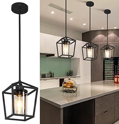 JIAYASHOUS 1 Pack Black Pendant Light Fixture Farmhouse Iron Cage Metal Pendant Light Lantern Hanging Light Fixtures with Clear Glass Shade for Kitchen Island, Dining Room, Hallway,Entryway1