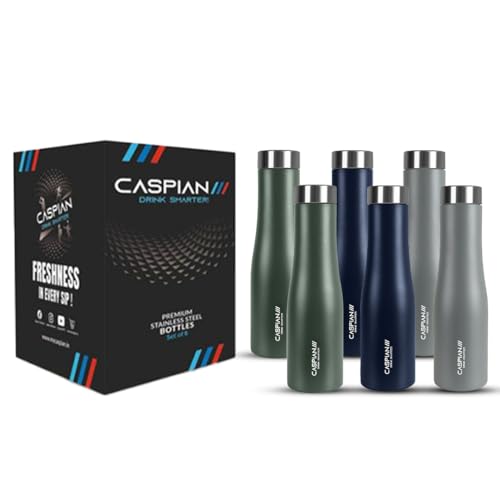 Image of CASPIAN / / / Aqua ISI Certified Stainless Steel Water Bottle 1ltr. (Multicolor, 1 Litre, Set of 6) | Leak Proof Thunder for Fridge Home Office Travel School Kids Boys Girls Adults Sports Gym| BPA Free