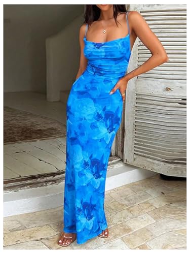 Image of Milumia Women's Floral Backless Lace Up Spaghetti Strap Bodycon Maxi Dress Summer Cowl Neck Long Cami Dress