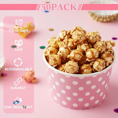 Image of Zopeal 50 Count Pink Polka Dot Ice Cream Cups Disposable Dessert Bowls
