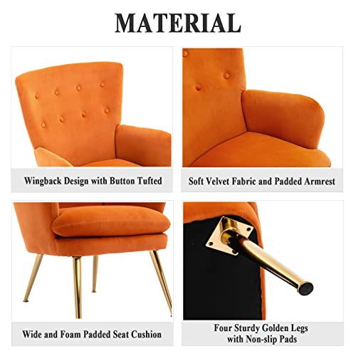 Duomay Modern Accent Chair With Ottoman, Velvet Tufted Uplostered Arm Chair With Footrest, Comfy Side Leisure Chair With Gold Metal Legs For Living Reading Room Bedroom Office, Orange #TOP3