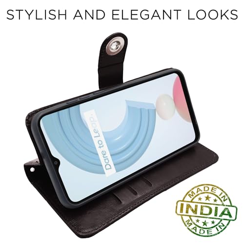 Image of Pikkme Realme C21y Flip Cover Leather Finish | Inside TPU with Card Pockets | Wallet Stand and Shock Proof | Complete Protection Button Flip Case (Coffee)