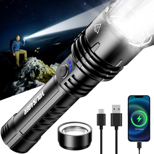 VOLISABER Flashlight 2000 High Lumens Rechargeable Zoomable LED Tactical Flashlight with Ignition Lens Emergency Flashlight for Camping Home Security 5 Modes Waterproof Handheld Flashlights