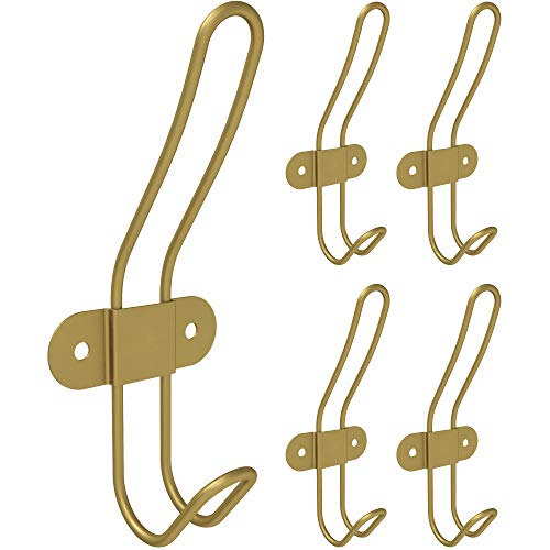 Tibres - Goldene Kleiderhaken für Handtuch, Kleidung, Bademantel, Jacke, Rucksack und Tasche – gebürsteter goldener Kleiderbügel Badezimmer Metall-Doppelhaken Tür oder Wand montiert 5er-Set