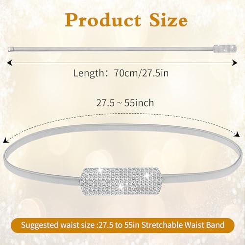 Women Metal Chain Skinny Belt, Adjustable Elastic Ladies Rhinestone Waistband Dress Belts for Bridal Wedding (Silver)4