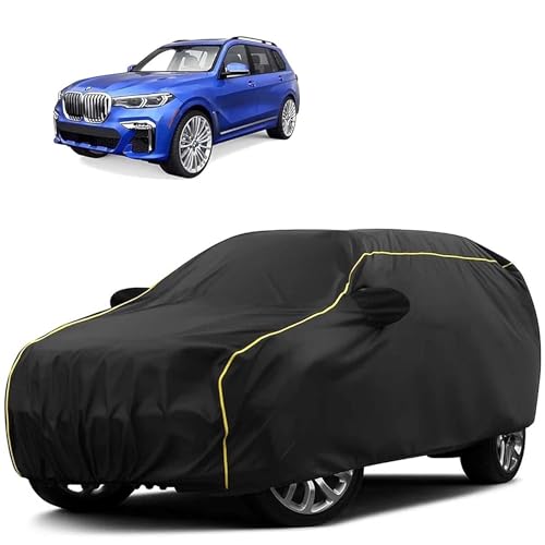 Image of Sulfar 100% Water Resistant Car Body Cover Compatible with Mirror for BMW X7 (Triple Stitched, Full Bottom Elastic, Black Tafetta with Yellow Piping)