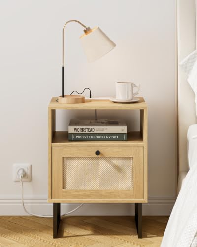 Image of Masupu Rattan Nightstand with Charging Station, Modern Boho Farmhouse Wood Bedside Table with Storage Drawer and Open Shelf, Side End Table for Bedroom, Office (Natural)