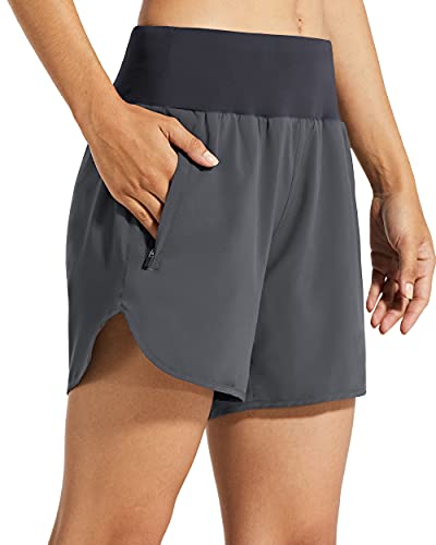 Libin Pantaloncini Running Sportivi Donna Vita Alta Traspirante Sport Allenamento Jogging Yoga Gym Shorts con Fodera e Tasche,Grigio XXL