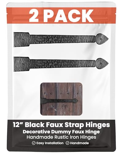 2 Pack 12" Black Faux Strap Hinges - Decorative Dummy Faux Hinge – Handmade Rustic Iron Hinges for Farmhouse Shutter, Carriage Doors, Barn Door, Castle Door, and Gate – The Colonial Series