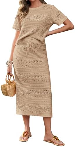 Tankaneo Womens Crochet Cover Up 2 Piece Skirt Sets Short Sleeve ...