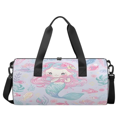 Cute Mermaid Round Barrel Sports Fitness Bag, Pink Travel Luggage Bag, Reusable Handbag, Suitable For Men and Women2