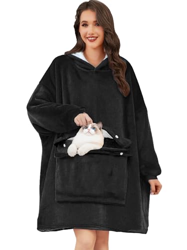 Gentlewarm Blanket Hoodie, Wearable Blanket for Adults & Kids as Gifts for Women Men, Birthday Gifts for Women Mom Girl Sherpa Oversized Hoodie, Black, Oversized