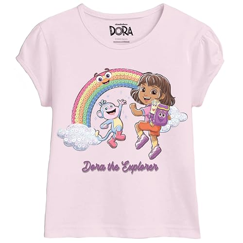 Image of Dora The Explorer Toddler Girls T-Shirt - Short Sleeve Tee with Boots, Butterflies & Rainbows - Nickelodeon Sizes 2T-5T