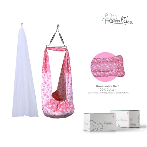 Image of Baby Cradle Swing for Newborns | Cotton Fabric Filled with Recron Fibre | Hanger Spring, Mosquito Net & Mattress with Insert Pocket | Jhoola, Thottil, Joli, Jokali, Onjal-Lt Mehendi (Pink)