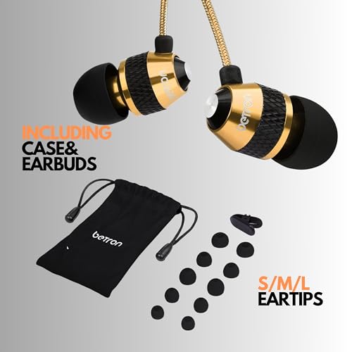 Image of Betron B25 Earphones, Noise Isolating in-Ear Wired Headphones with Strong Bass, Tangle-Free Cord, Lightweight, Carry Case and Soft Earbud Tips, Gold
