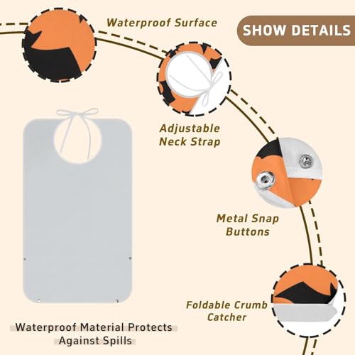 Yoogain Bavoir adulte lavable avec poche récupérateur de nourriture pliable pour femme Halloween chauve-souris noir et orange – vue 5