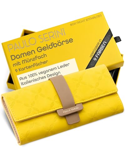 PAULO SERINI® Große Geldbörse für Damen – Geldbörse aus veganem Leder mit 9 Kartenfächern & Münzfach – Ideal für den täglichen Gebrauch, stylische & funktionale Damenbrieftasche – Königsgelb
