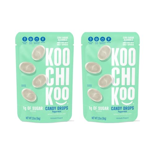 Koochikoo Flavored Hard Candy Drops, Peppermint Flavor, Organic, Vegan & Sugar Free Naturally Flavored Hard Candy, 16 Individually Wrapped Drops/Pouch (Pack of 2)