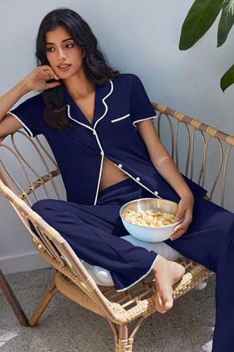 Image of Ekouaer Pajamas for Women Set Button Up Soft Pjs Short Sleeve 2 Piece Lounge Sets Comfy Sleepwear