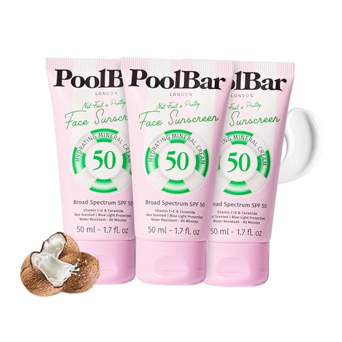PoolBar Mineral Face Sunscreen Cream for Women and Men Sun Care, SPF 50, Hydrating Mineral, Vitamin C, E, and Ceramide, Non Scented Water Resistant Sunscreen, Blue Light Protection - 50ml (Pack of 3)