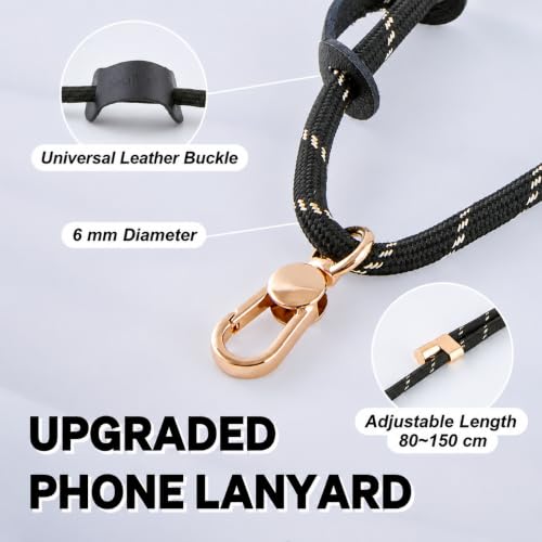 Image of Phone Lanyard Crossbody, Anti Theft Phone Strap with 2 Tether Tabs | With Leather Loop, Premium Metal Buckles, Adjustable Cell Phone Lanyard for Travel, Fits Most Smartphones, Black-Gold