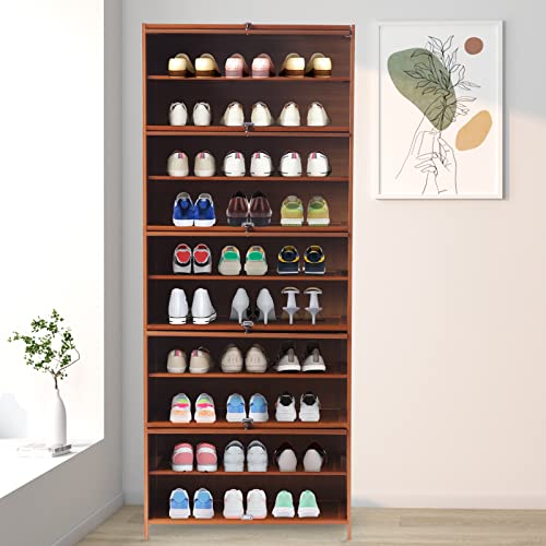 Hteedy 67 Inch 10-Tier 30 Pair Bamboo Shoe Rack Cabinet Wooden Shelf Stand Storage Book Shelf Organizer Entryway Bamboo Shoe Storage Cabine Magnetic Flip-Up Door #TOP2