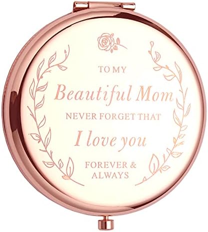 Engraved Mothers Day Birthday Gifts for Mom from Daughter and Son - I Love Mom Rose Gold Compact Mirror for Your Mom in Unique Gift Box