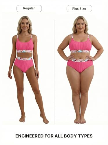 Image of Herseas Women's Textured Bikini Sets Floral Print Trim Scoop Neck Swimsuits High Waisted Bathing Suits