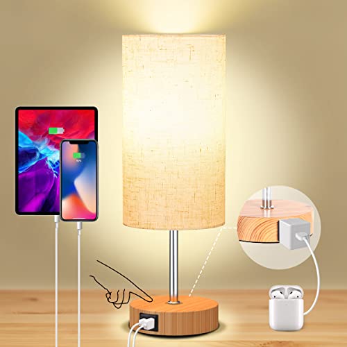 【Upgraded】Table Lamp For Bedroom,Dott Arts Dimmable Touch Bedsides Lamp With Usb A+C Ports & Ac Outlets,Wood Nightstand Lamp With Fabric Shade，Bedroom Lamps For Living Room,Home,Office（Bulb Included） #TOP20