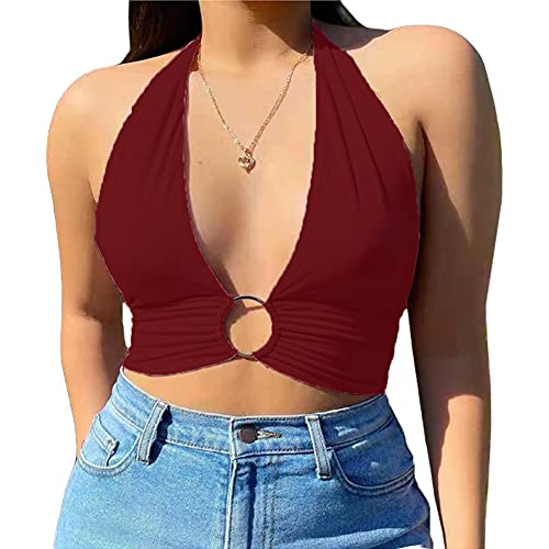 OOTaoper Women s Halter Wrap Y2K Crop Top Lace Up Metal Front Solid Strappy Self-Tie Backless Cami Tank Tops (Large,Burgundy)