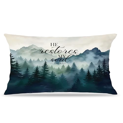 FITIE Foggy Forest Christian Pillow Covers 12x20, Christian Room Home Decor, Religious Psalm 23:3 Bible Verse Scripture Decorative Lumbar Pillow Covers, Religious Gifts for Women Men